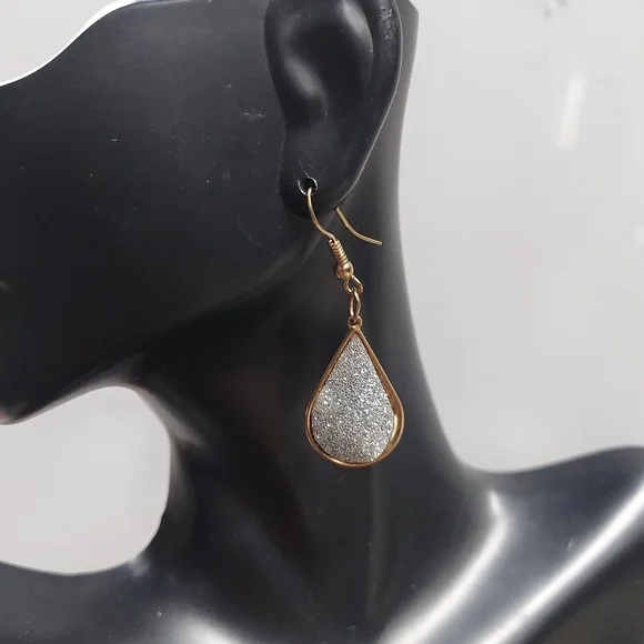 E739 Goldtone Teardrop with Silver Sparkle Glitter Accent Earrings - Picture 4 of 7